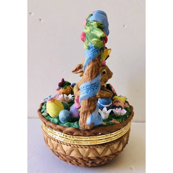 Porcelain Bunny In A Easter Egg Basket Rabbit Chickens Eggs, Flowers 9" Tall - Picture 10 of 12
